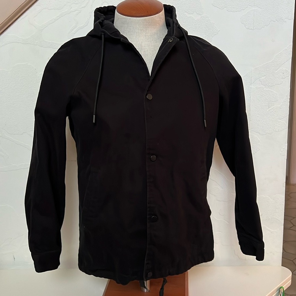 ZARA Men’s Black Denim/Twill Mid Length Hooded Coat with Snap Closure Size M